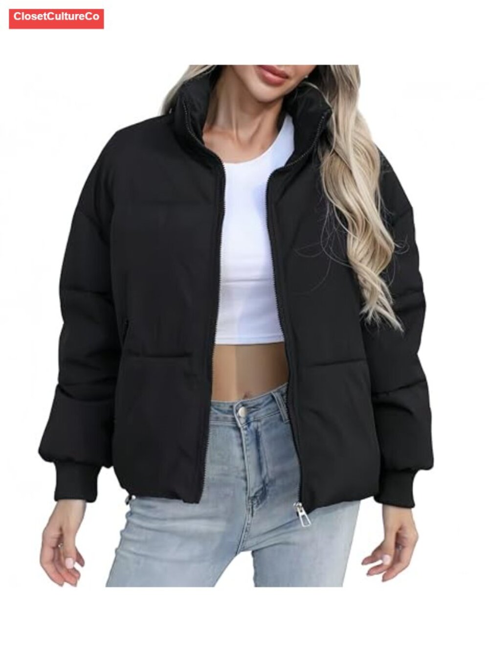 Women's Cropped Puffer Jacket Lightweight Quilted Full Zip Stand Collar